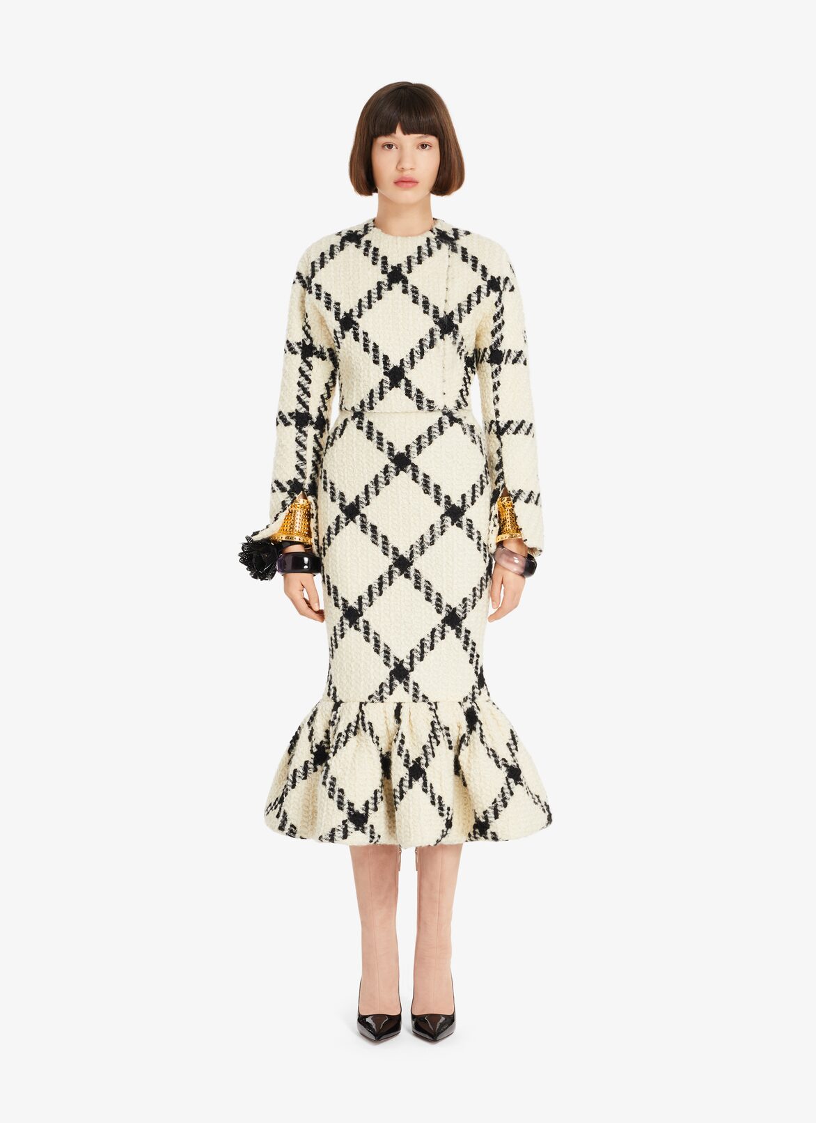 Fit and Flare wool Skirt ALAÏA WHITE/BLACK FIT AND FLARE WOOL SKIRT